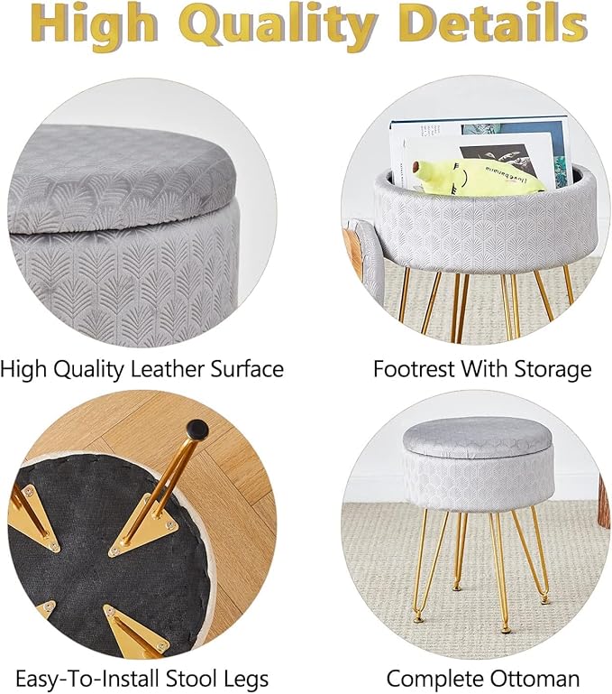 Cpintltr Modern Velvet Foot Rest Stool Upholstered Round Storage Ottomans Multipurpose Dressing Stools Luxury Home Decor Ottoman Coffee Table Top Cover Footstool with Metal Legs for Couch Light Grey