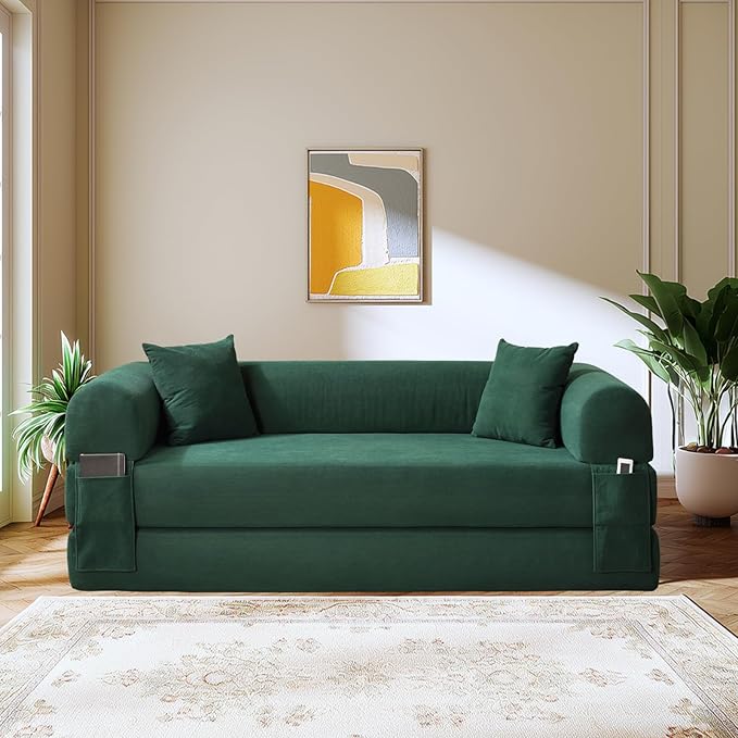 Convertible Sleeper Sofa Bed,80" Folding Sofa Bed Queen with Storage,Corduroy Pull Out Couch with Bed,Boneless Couches for Living Room,Compressed Couch in a Box,Deep Green