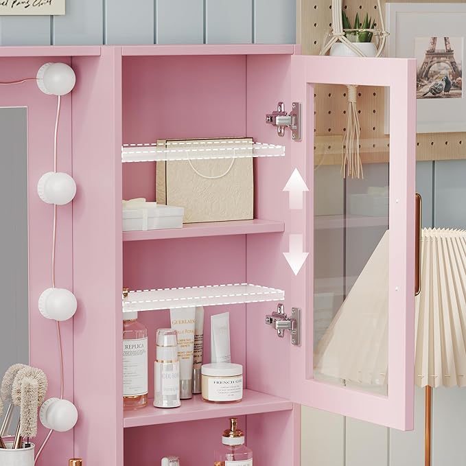 Makeup Vanity with Lights & Charging Station, Pink Vanity Table with 5 Drawers & Open Storage Shelves, Vanity Desk with Mirror & Lights, Dressing Table Set, Bedroom Makeup Table Set Gold Handle