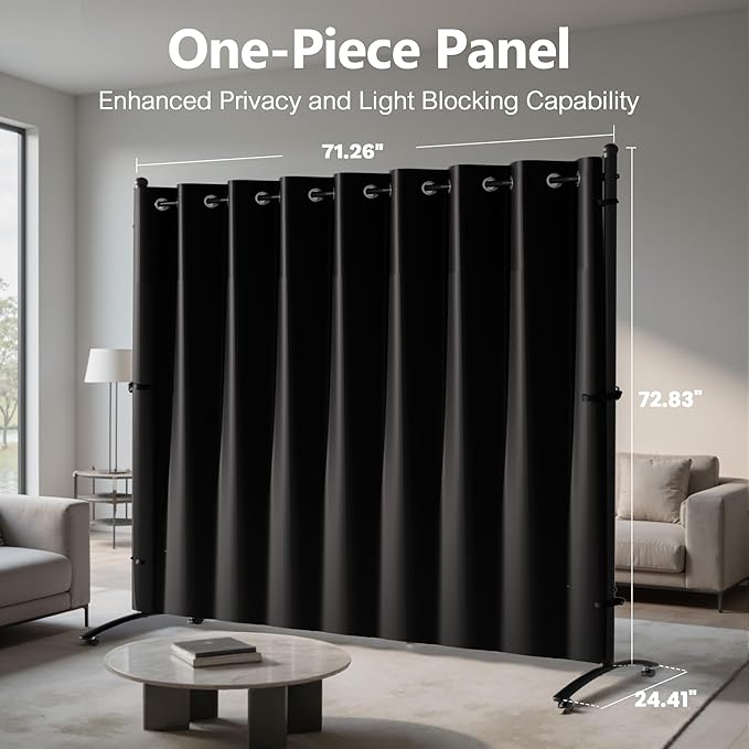 Room Divider, Curtain Privacy Screen with 360°Lockable Wheels 6FT Portable Room Divider Panel Freestanding Partition Divider Screen for Separator Wall Divider Bedroom Office (Black)
