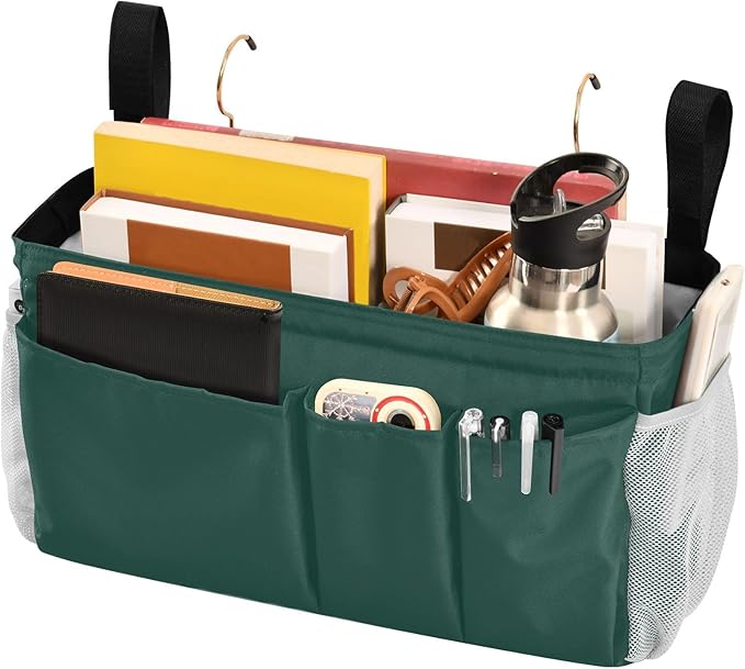 KOPIRIT Navy Cyan Bedside Caddy Storage Bag Bedside Organizer for Dorm Room Top Bunk Bed Organizer Caddy Hanging Shelf 6 Pockets with Hooks for Glasses Book Tablet Holder