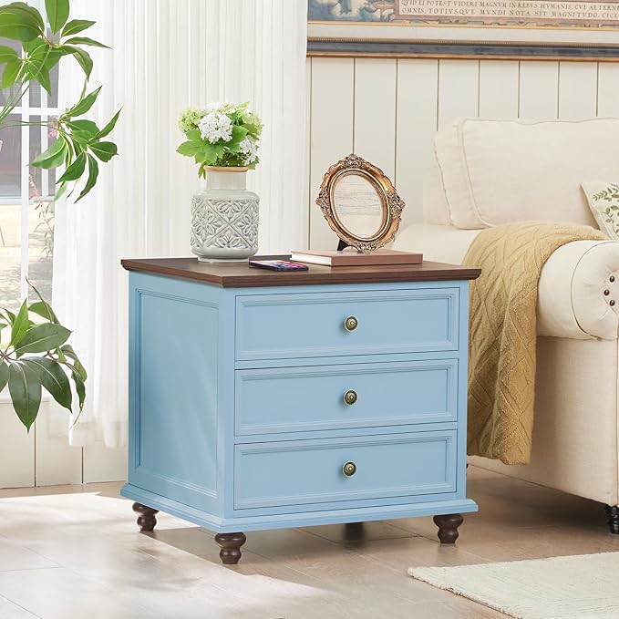 24" Wide Farmhouse Night Stand Set of 2,Large End Table with 3 Drawers & Metal Handle,Light Blue Wood Dresser for Bedroom Cabinet, Bed Side Table Chest of Drawers,Nightstand for Living Room