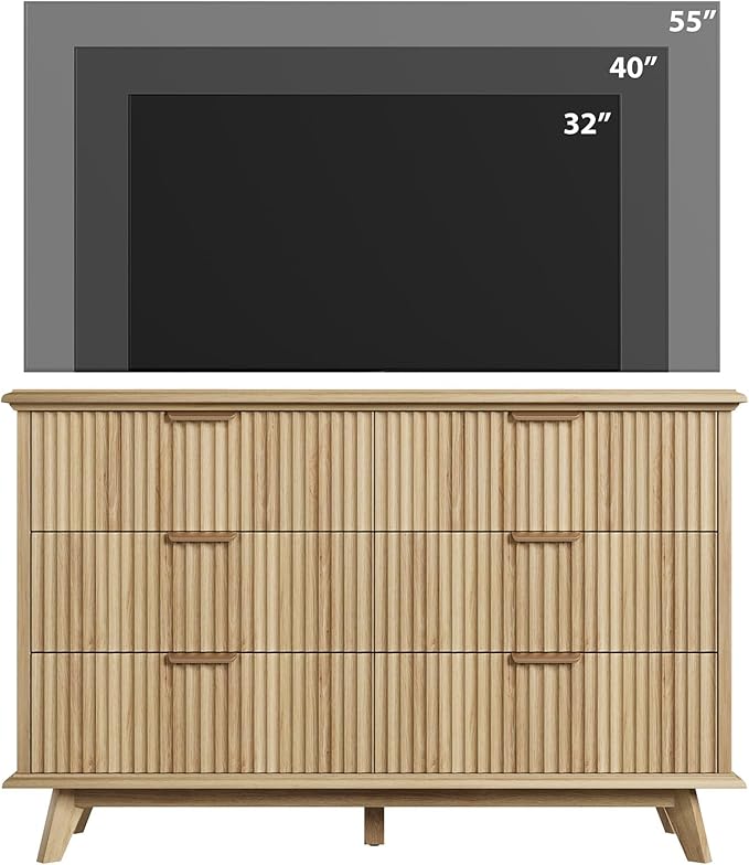 QUW Modern Fluted Dresser for Bedroom with 6 Drawers,47.2" Wood Closet Organizers and Storage,Wide 6 Drawer Dresser with Metal Handle,Hallway,Living Room(Natural Oak)