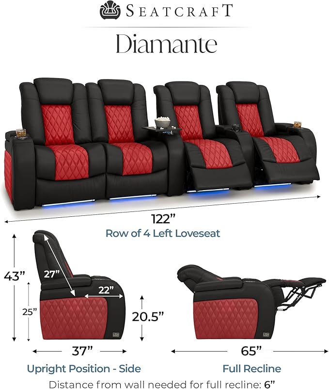 Seatcraft Diamante Zero-Gravity CoolZero Italian Leather Home Theater Seating, Power Headrest, Power Recline, Row of 5 Left Loveseat, Black/Red