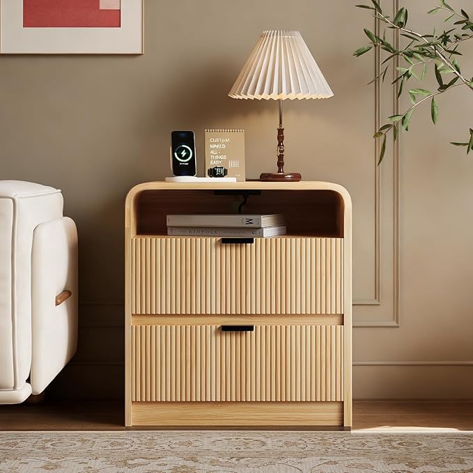 24” Fluted Nightstand with Charging Station, Modern Bedside Table with 2 Drawers, Curved Profile Design, Wooden End Table with Storage for Bedroom, Living Room, Natural Oak