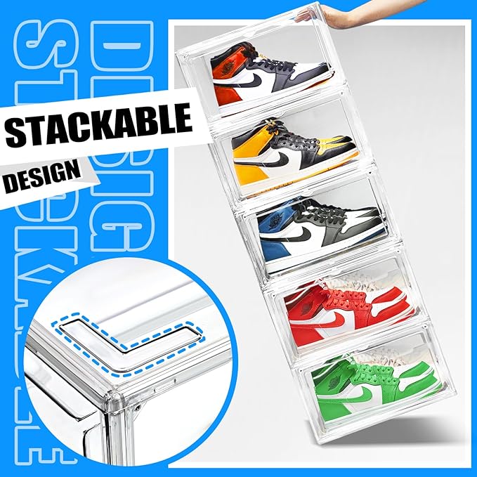 4 Pack Large Acrylic Shoe Boxes Sneaker Storage for Sneakerheads Clear Plastic Stackable Boot Shoe Collectibles Display Case, Size 13