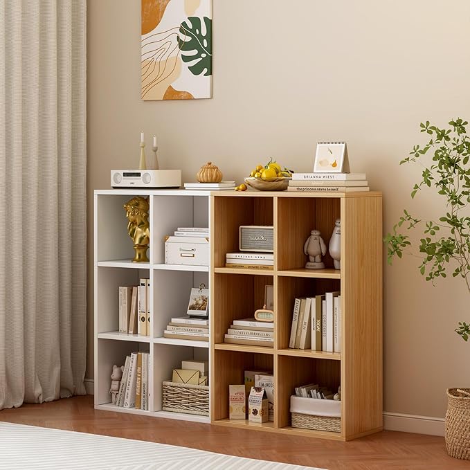 OSCHF 6-Cube Storage Shelf Bookcase - Wooden 3-Tier Floor Standing Open Bookshelf for Home and Office, Display Cabinet, Oak
