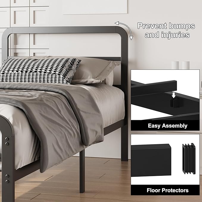 12 Inch Twin Bed Frames with Headboard and Footboard, No Box Spring Needed, Heavy Duty Metal Mattress Foundation, Noise Free, Easy Assembly, Black