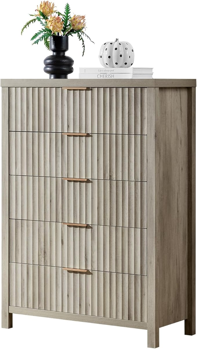 5 Drawers Dresser for Bedroom, 44 Inches Tall Modern Bedroom Dressers, Chest of Drawers for Bedroom, Fluted Dresser for Closet Organizer for Living Room, Hallway, Entryway (Grey Oak)