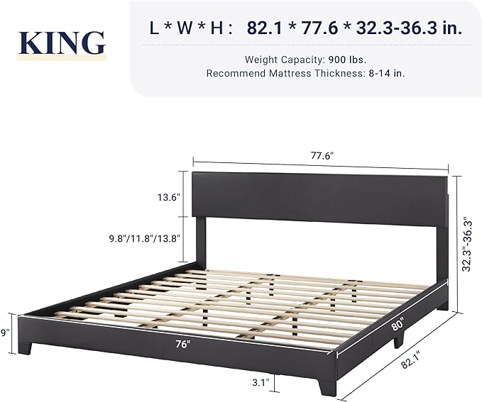 Allewie King Size Bed Frame with Adjustable Headboard, Faux Leather Platform Bed with Wood Slats, Heavy Duty Mattress Foundation, No Box Spring Needed, Noise-Free, Easy Assembly, Black