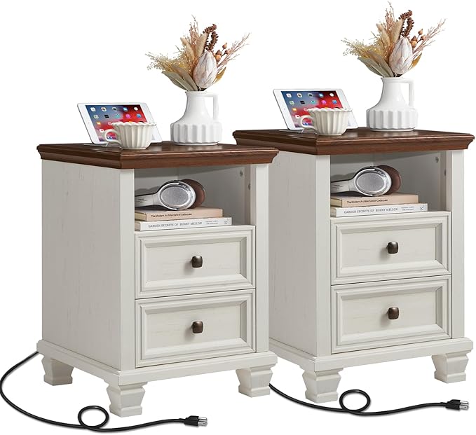 SAVOR LIFE Farmhouse Nightstand Set of 2 with Charging Station, Antique Nightstands with Drawers, Bedside Table with Open Shelf for Bedroom, White