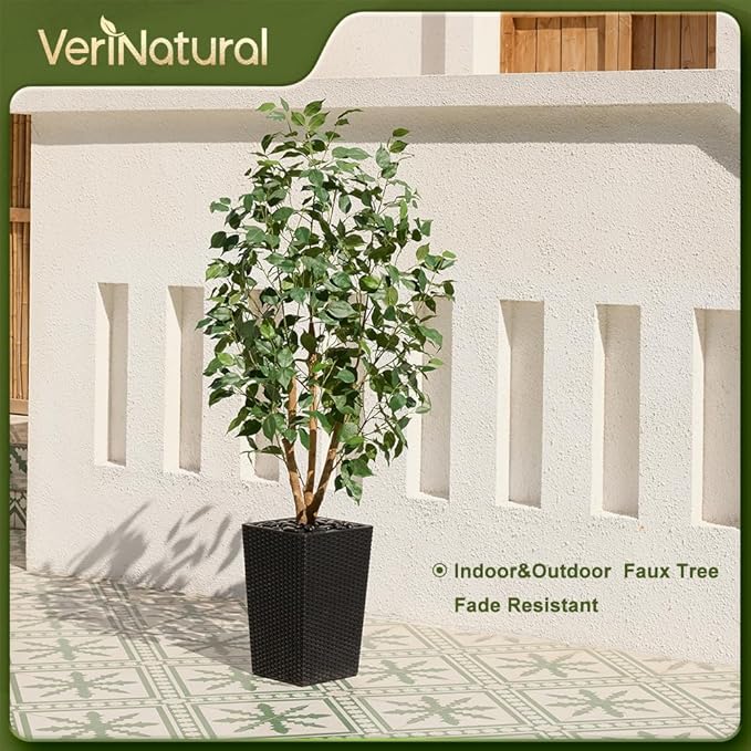 5ft Artificial Ficus Tree,Tall Faux Tree with Silk Leaves & Real Wood Trunk,UV Resistant Potted Fake Plant with Pebbles & Planter-Indoor Outdoor Floor Plant for Home,Living Room,VN129