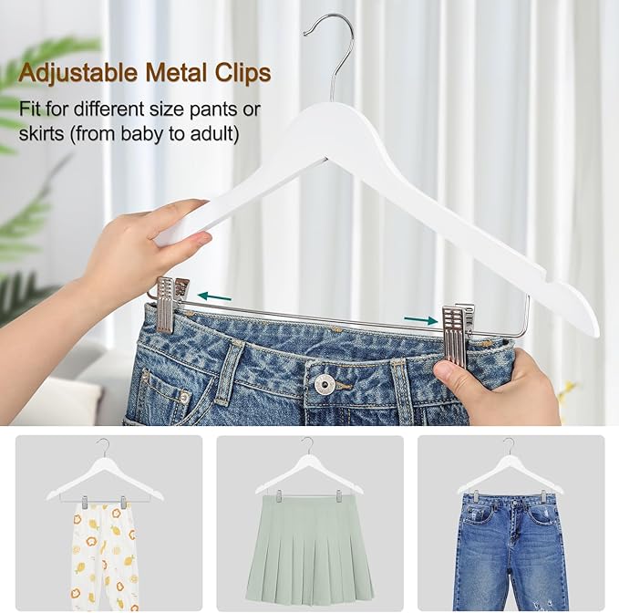 TOPIA HANGER Wooden Suit Hangers with Adjustable Metal Clips (10 Pack), Solid Smooth Wood Clothes Hangers, 360° Swivel Hook, Premium Pants Hangers for Clothes Coat, Jeans, Blouse-White,CT28W