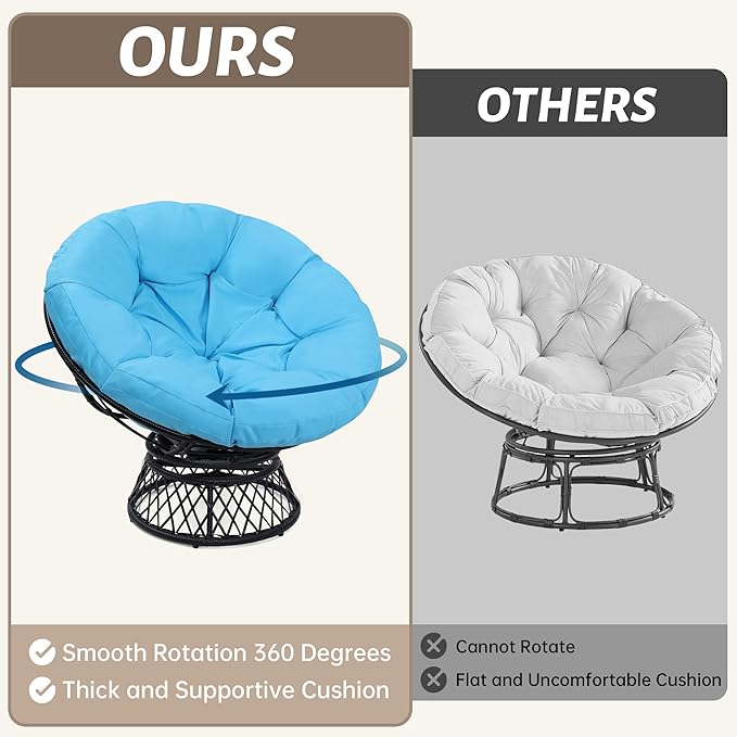 46" Giant Oversized Rattan Papasan Chair with Cushion and Frame for Adults, Fluid 360° Swivel, Waterproof, Black Frame with Blue Cushion