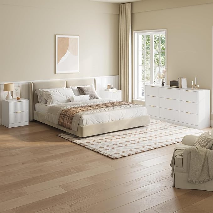 9 Drawer Dresser & Nightstand Set 3-Piece, 63” Wide White Fluted Dresser and Night Stand Set of 2, Fluted Modern Wood Chest of Drawers Storage Dressers Set for Bedroom, White