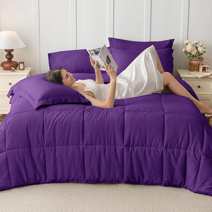 JOLLYVOGUE Full Comforter Set, Ultra-Soft Bed in a Bag Full Size 7 Pieces, Oeko-TEX Certified Bedding Set with Down Alternative Comforter, Sheets, Pillowcases & Shams, Purple