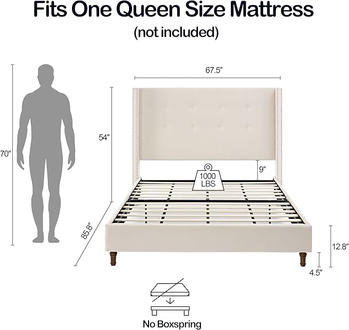 Queen Velvet Bed Frame,Upholstered Platform Bed with Button Tufted Headboard and Nailhead Trim Wingback, Wood Slats Support, No Box Spring Needed, Easy Assembly,Ivory
