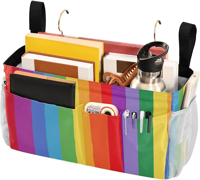 Bedside Caddy Hanging Bunk Bed Caddy Bed Organizer Hanging Pocket with 2 Hooks Bedside Storage Organizer Pocket Bag Holder Vibrant Colorful Stripes