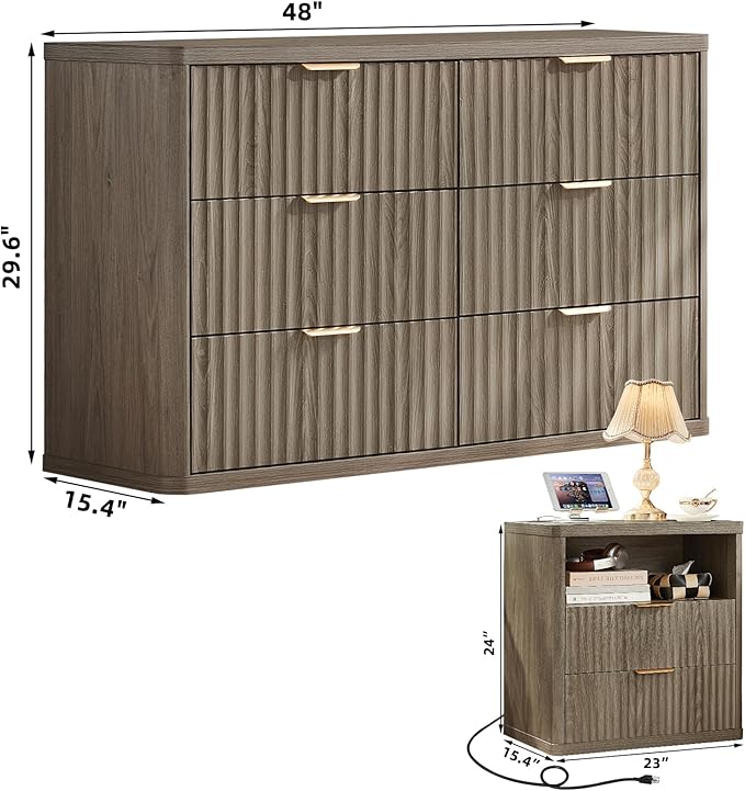 LEYAOYAO 48" Wide Fluted Dresser and 2 Drawers 23" Nightstand Set of 2, Wooden Dresser & Night Stand with Charging Station, 3 Piece Bedroom Furniture Set, Chest of Drawer for Living Room,Grey