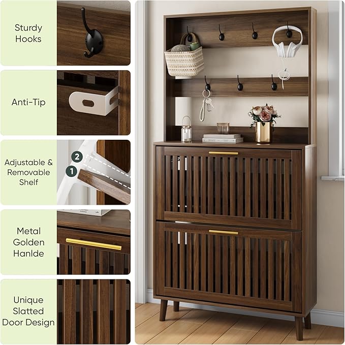 Upgraded 62.99“ Tall Shoe Cabinet with Rack and 7 Hooks, Flip-Down Slatted Drawer Shoe Storage & Coat Rack, Narrow Entryway Shoe Organizer, Walnut