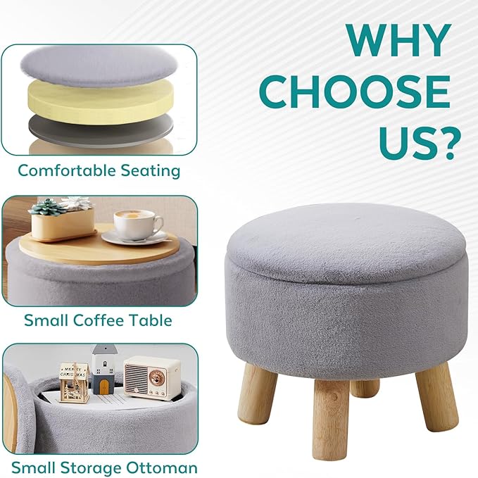 FIMIVIBI Small Foot Stool Ottoman with Storage, Soft Faux Fur Ottoman Foot Rest for Couch, Round Footstool with Storage, Small Ottomans and Footstools for Living Room and Entryway (Gray)