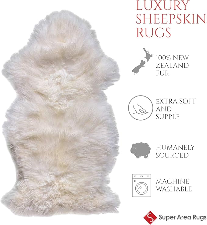 Premium Genuine Fur Sheepskin Rug - Real N.Z. 100% Sheepskin Natural Luxury Fluffy Lambskin Fur Area Rug - Seat Cover for Sofa Chair and Bedroom - 2' W x 3'L - Natural Creamy White Wool