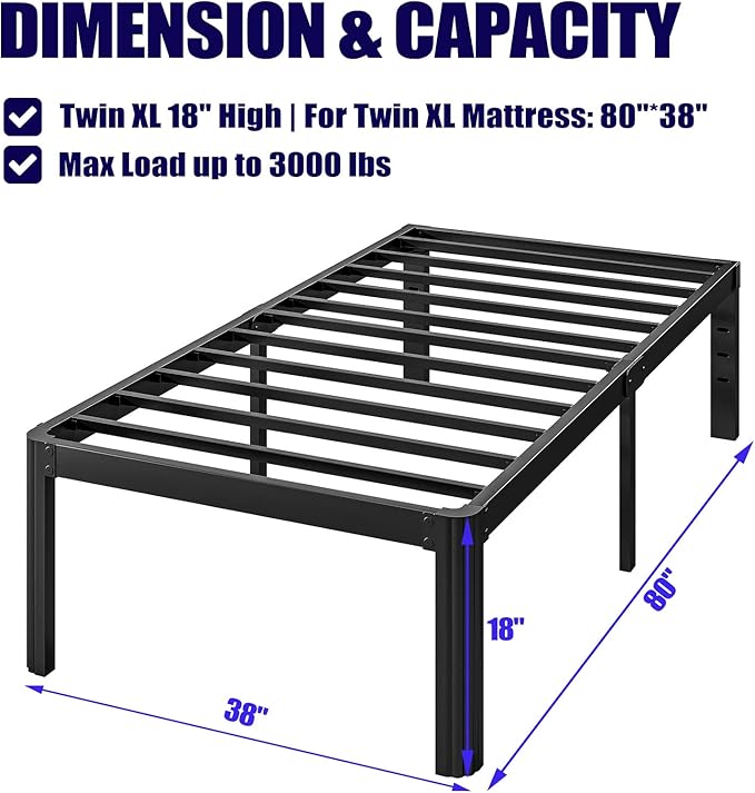 Hunlostten 18in Twin XL Heavy Duty Bed Frame No Box Spring Needed, Tall Metal Twin XL Platform Bed Frame with Round Corners, Easy Assembly, Noise Free, Black