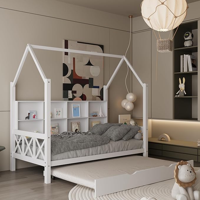 Twin House Bed for Kids with Trundle and Storage Shelves, Montessori Bed with Guardrails and Wood Slats, Platform Bed with Headboard for Boys Girls, 74.4" L x 40.2" W x 71" H, White