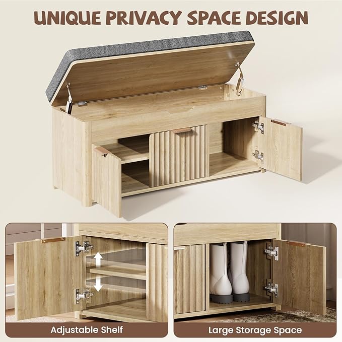 Shoe Bench with Storage - Lift Top Entryway Bench with Hidden Storage, Shoe Rack with Adjustable Shelves and Cushioned Seat, Wooden End of Bed Bench for Bedroom, Living Room and Hallway,Nature