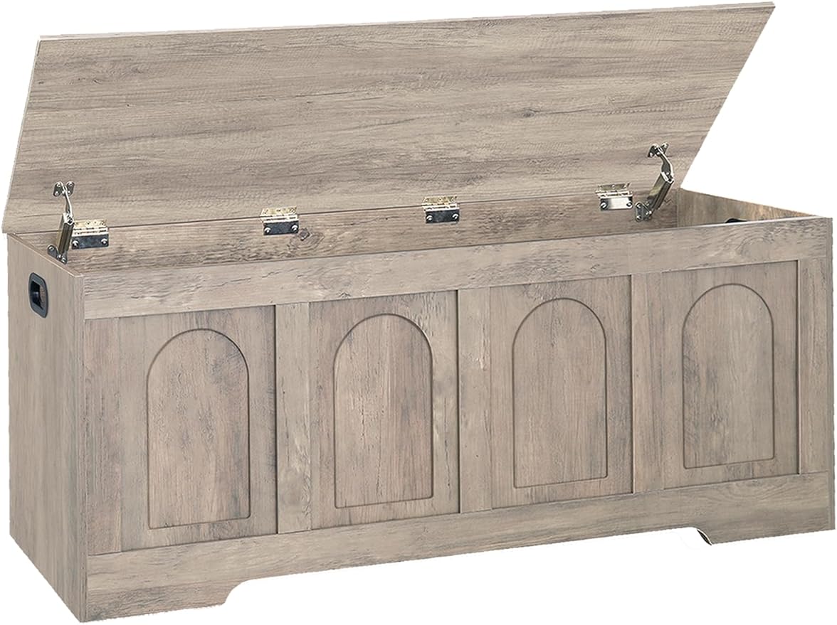 DINZI LVJ Storage Chest, 47.2" Rattan-Like Toy Box with 2 Safety Hinges, Wooden Entryway Storage Bench with Flip-Top, Large Trunk for Living Room, Bedroom, Easy Assembly, Greige