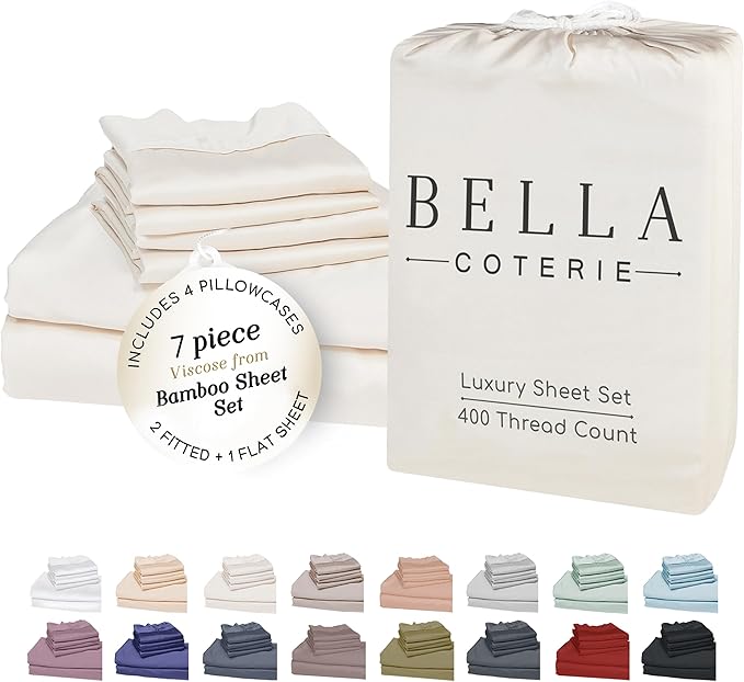 Bella Coterie 7 Piece Luxury Bamboo Viscose Split King Size Sheet Set | 2 Fitted Sheets for Adjustable Beds | 100% Organically Grown | Cooling for Hot Sleepers | 4 Pillowcases [Ivory]