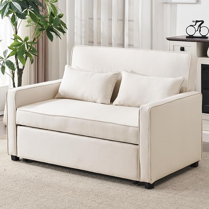 Furnimart 3-in-1 Convertible Sleeper Sofa with Pull-Out Bed, 53" Futon Couch Bed, Adjustable Backrest Loveseat for Small Spaces Beige