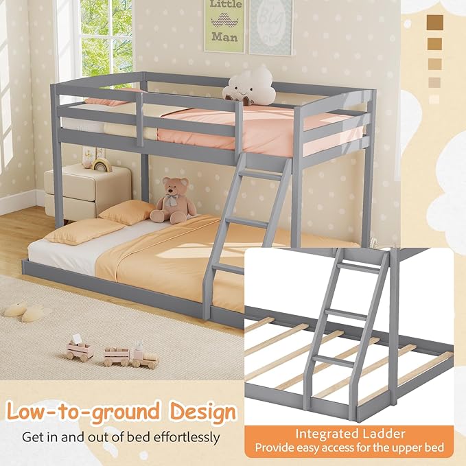 KOMFOTT Low Bunk Bed Twin Over Full, Solid Wood Twin Bed Frame with Built-in Ladder & Safety Guardrails, Space-Saving Low Bunk Bed for Kids, Teens, No Box Spring Needed