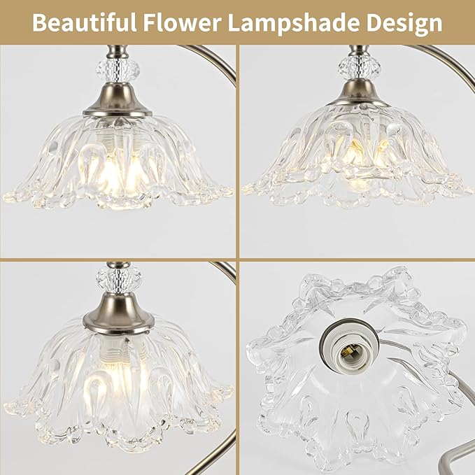 Brushed Nickel Table Lamp with a Floral Clear Glass Shade, A Plug-in Nightstand Lamp in Brushed Nickel Finish for Bedroom, Living Room,Office, and Desk