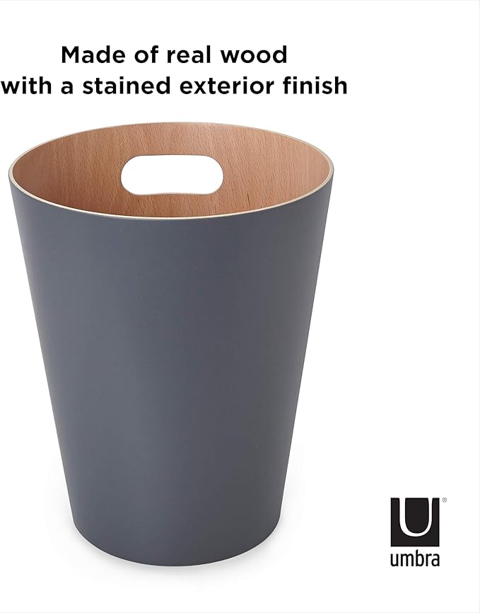 Umbra Woodrow 2-Gallon Modern Wooden Trash Can Wastebasket, Attractive Bin for Garbage or Recycling, Suitable for Home or Office, Dark Grey/Natural