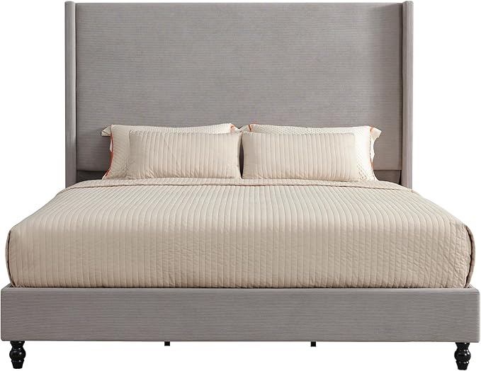 King Bed Frame with 65" Tall Headboard, Horizontal Fine Corduroy Bed Frame with Wingback, Upholstered Platform Bed, Vintage Solid Wood Gourd Legs, No Box Spring Needed, Gray