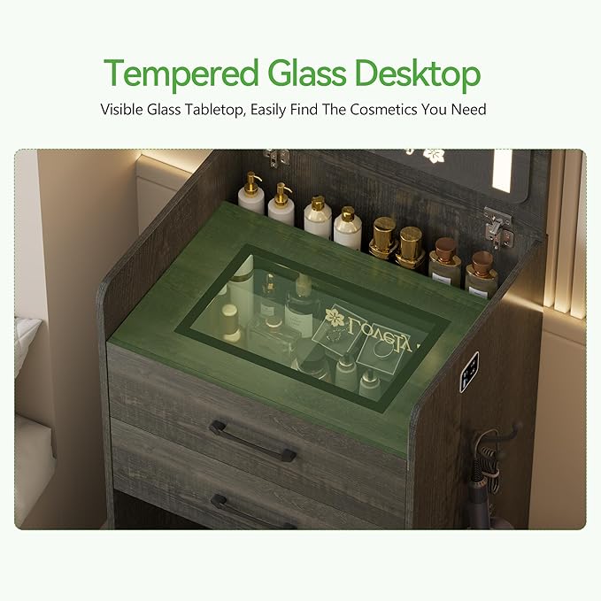 HNEBC HNEBCVanity Desk with Plip Top LED Mirror,3 in 1 Small Dressing Table Set with Visible Glass Desktop,Rustic Oaky Compact Vanity with 3 Drawers,Storage Compartment and Padded Stool,for Bedroom