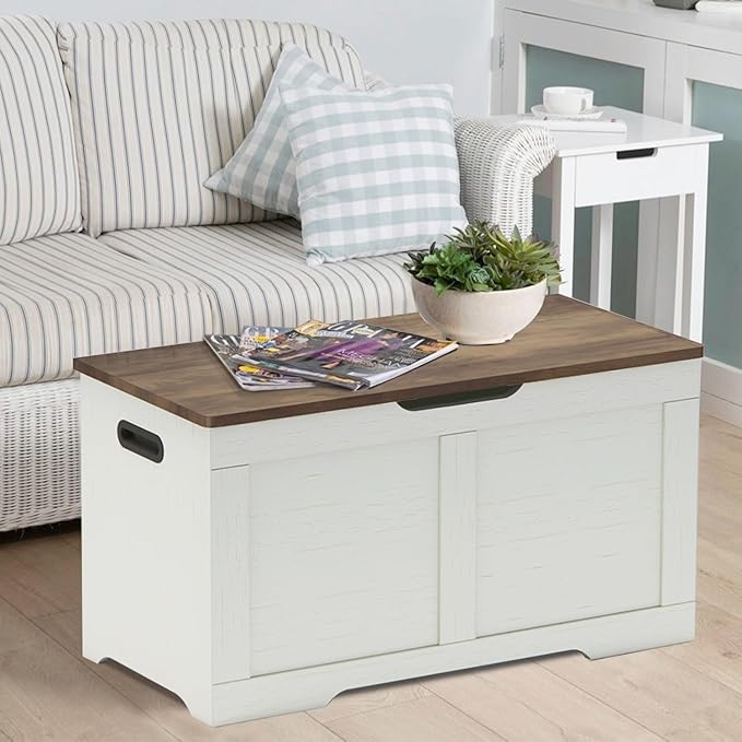 Timberer 31.5" Storage Chest, Wooden Storage Bench, Lift Top Toy Chest with 2 Safety Hinges, Large Toy Box, Entryway Shoes Bench for Living Room, Bedroom, Brown and Rustic White
