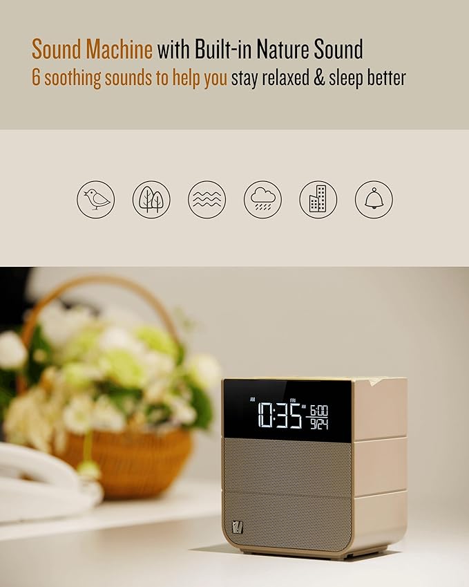 Soundfreaq Sound Rise II, SFQ-16: Bedside Alarm Clock Radio & Bluetooth Speaker, with Large Display Screen, FM Radio, Fast USB Charging, and Nature Sound (Wood Taupe)