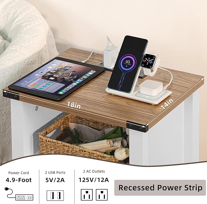 Joaxswe Antique White Nightstand Set of 2, 18 Inch Farmhouse Night Stand with Charger Station and USB Port, Modern Couch Side Table with Magnetic Door and Storage Shelf, Bedside Tables for Bedroom