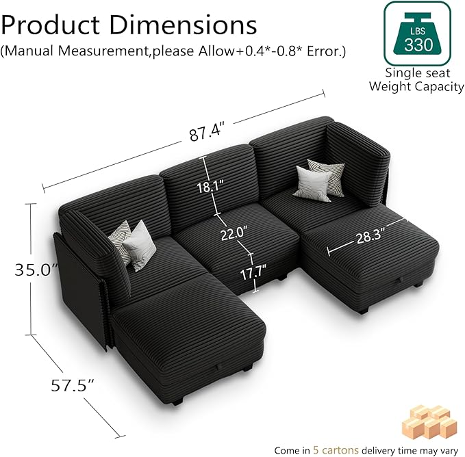 Modular Sectional Sofa with Adjustable Backrest,Large Convertible L/U-Shaped Sleeper Couch for Living Room,Cloud Sofa Bed Modern Reversible Design,Black
