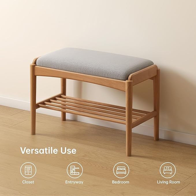 Solid Wood Shoe Bench, Shoe Rack Bench Assembled with Gray Cushion for Entryway, Hallway, Bedroom, Living Room, 11.8" x 23.6" x 16.5", Beech Wood, Natural