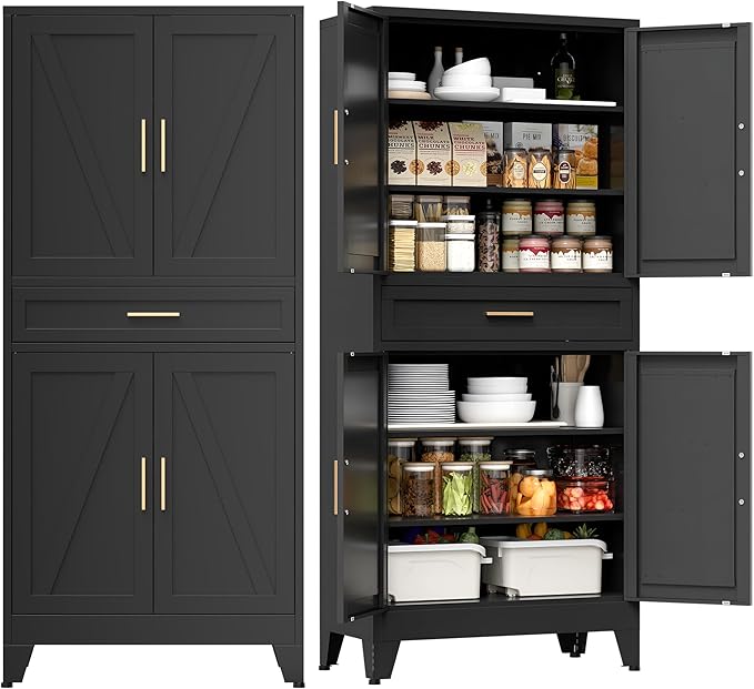 COFaR 71" Tall Metal Storage Cabinet with 4 Doors and 4 Adjustable Shelves, 6-Tier Farmhouse Storage Cabinet with Drawers and Legs, for Office, Home, Garage, Gym, School, Living Room, Hallway（Black）