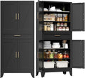 COFaR 71" Tall Metal Storage Cabinet with 4 Doors and 4 Adjustable Shelves, 6-Tier Farmhouse Storage Cabinet with Drawers and Legs, for Office, Home, Garage, Gym, School, Living Room, Hallway（Black）