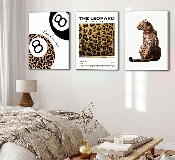 Trendy Leopard Framed Set of 3 Canvas Poster Prints,Picture Modern Artwork Wall Art for Home Décor,Perfect for Adds Wilderness & Elegance to Living Room,Bedroom or Any Interior Space,24Lx16W