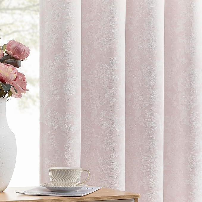 Beauoop Pink Floral Jacquard Blackout Curtains 96 Inches Long 2 Panels for Girls Bedroom Living Room Chenille Flower Room Darkening Thermal Insulated Soundproof Rod Pocket Back Tab Window Drapes 52x96