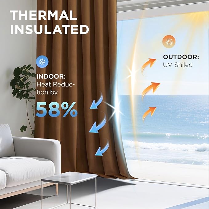 Joydeco Golden Brown 100% Blackout Curtains 120 Inch 2 Panels, Luxury Thermal Brown Velvet Curtains for Bedroom Living Room, Soundproof Blackout Window Drapes, Rod Pocket & Back Tab (52W x 120L)