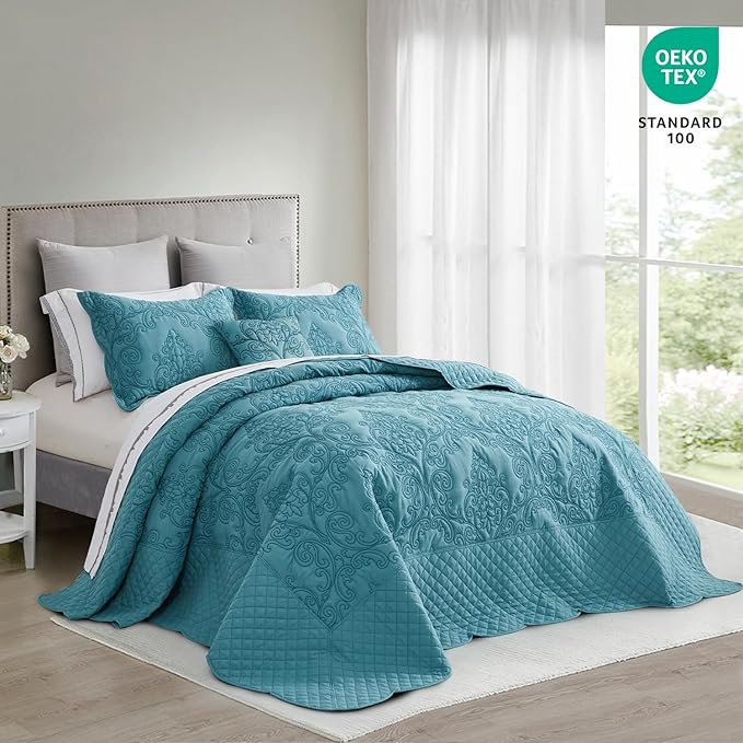CHIXIN Bedspread Coverlet Quilt Set Full Size - Lightweight Bedding Cover - Beautiful Stitching - 5 Piece Reversible Bedspread - Luxury Damask Paisley Pattern (Full, Lagoon)