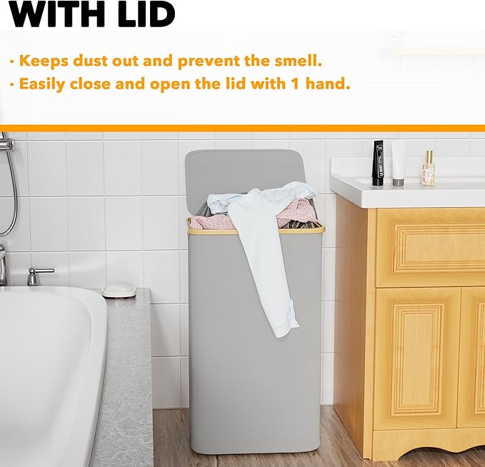 SpaceAid Laundry Hamper with Lid, 110L Large Tall Clothes Basket Bin with Bamboo Handles, Collapsible Laundry Hamper for Bedroom, Bathroom, Dorm, Laundry Room - Light Grey