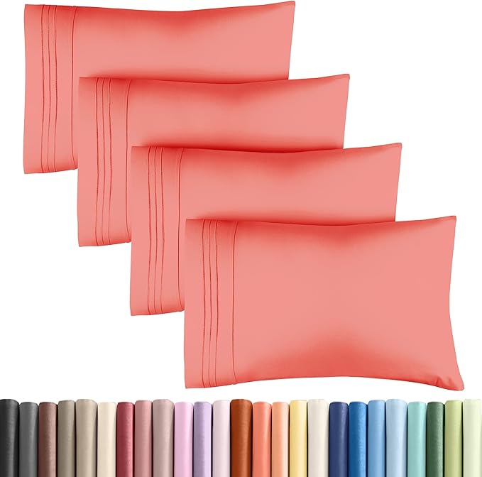 Queen Pillow Cases Set of 4 - Ultra Soft Hotel Quality Pillowcase Covers - Comfy, Cozy & Wrinkle Free - Shrinkage, Stain and Fade Resistant - Machine Washable Pillow Protectors - 4 Piece Set - Coral
